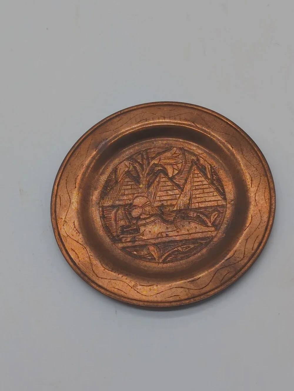 Vintage Egyptian Copper Coasters Small Plates Sphinx & Pyramids - Pair of 2